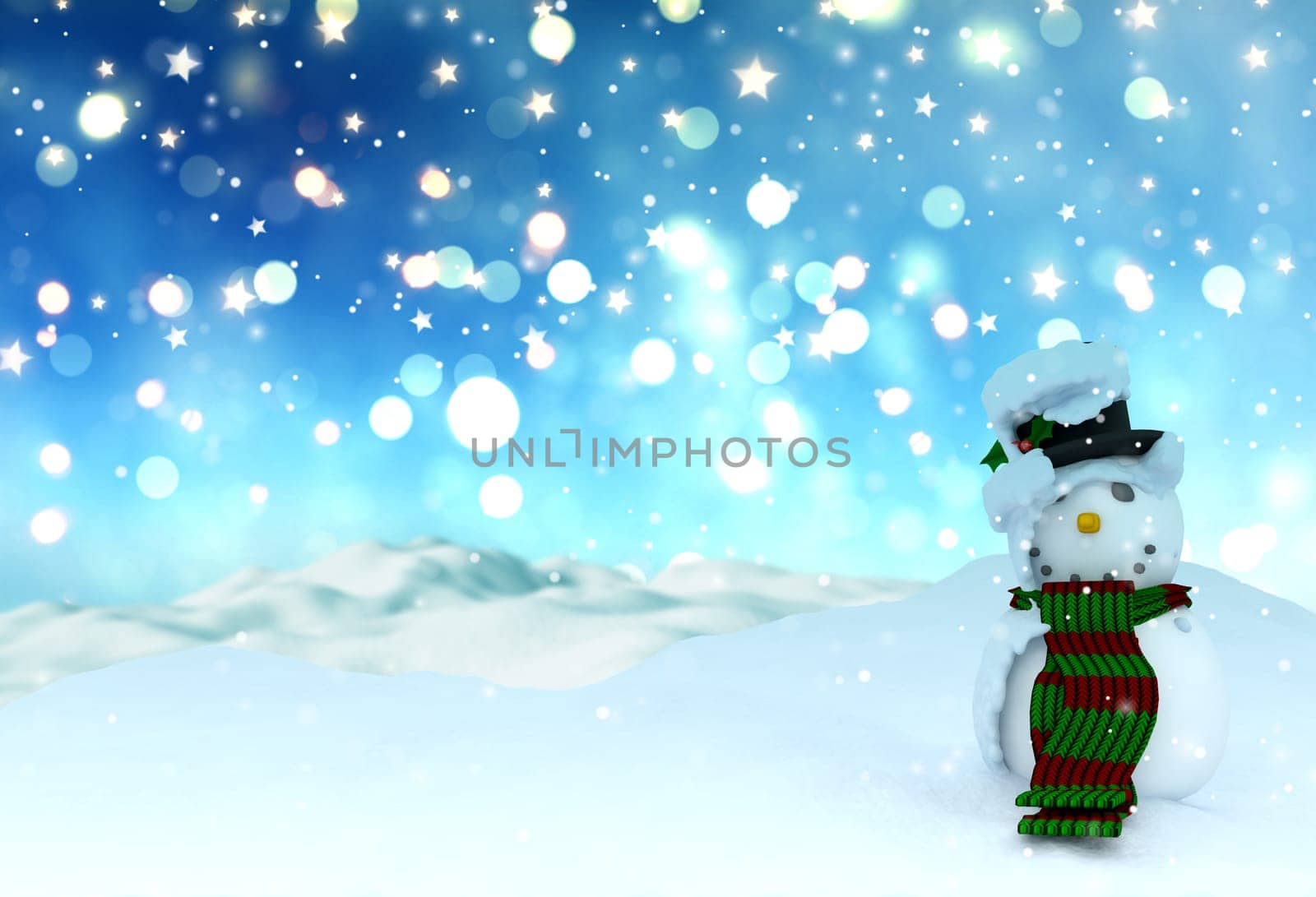 3D render of a Christmas background of bokeh lights and stars with snowman