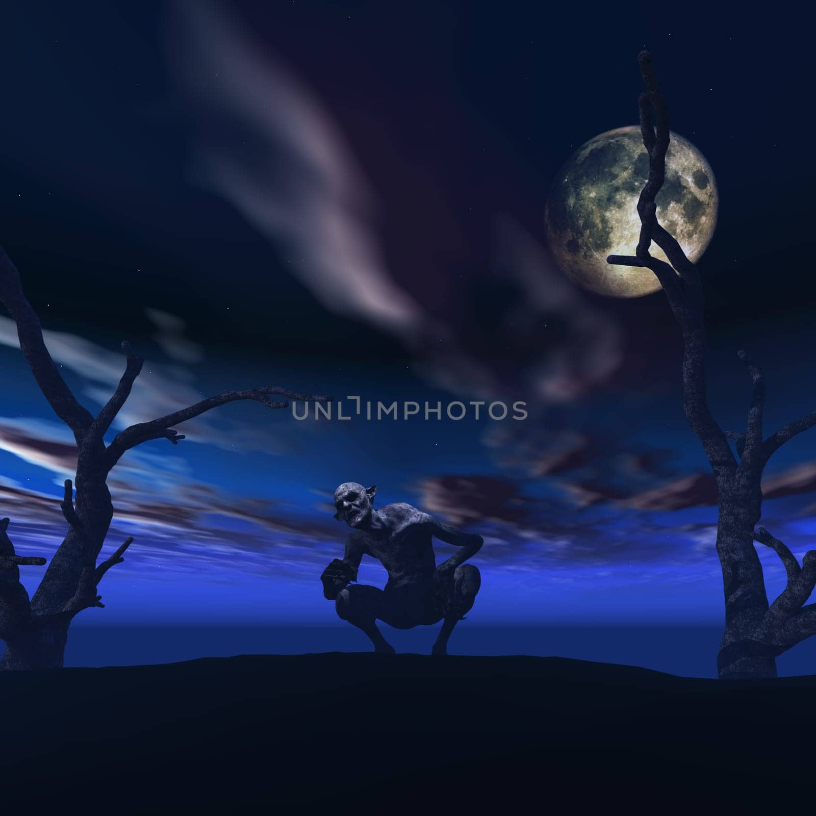 3D render of a Halloween background with demonic creature in spooky landscape