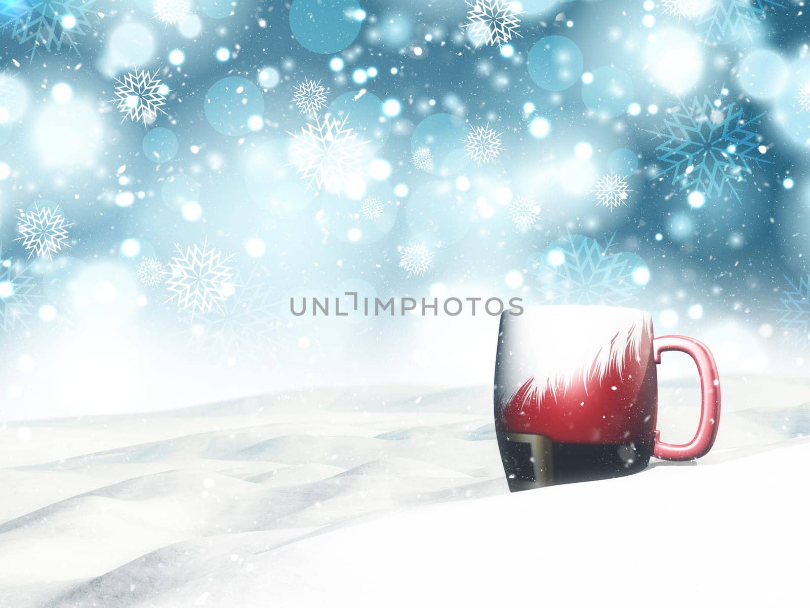 3D render of a Christmas mug nestled in snow