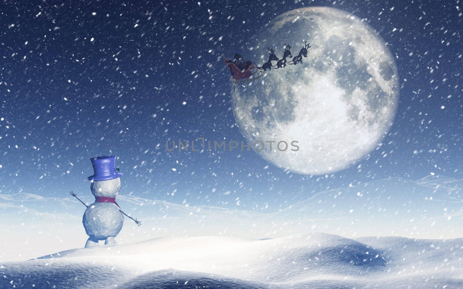 3D render of a Christmas landscape with snowman waving to santa in the sky