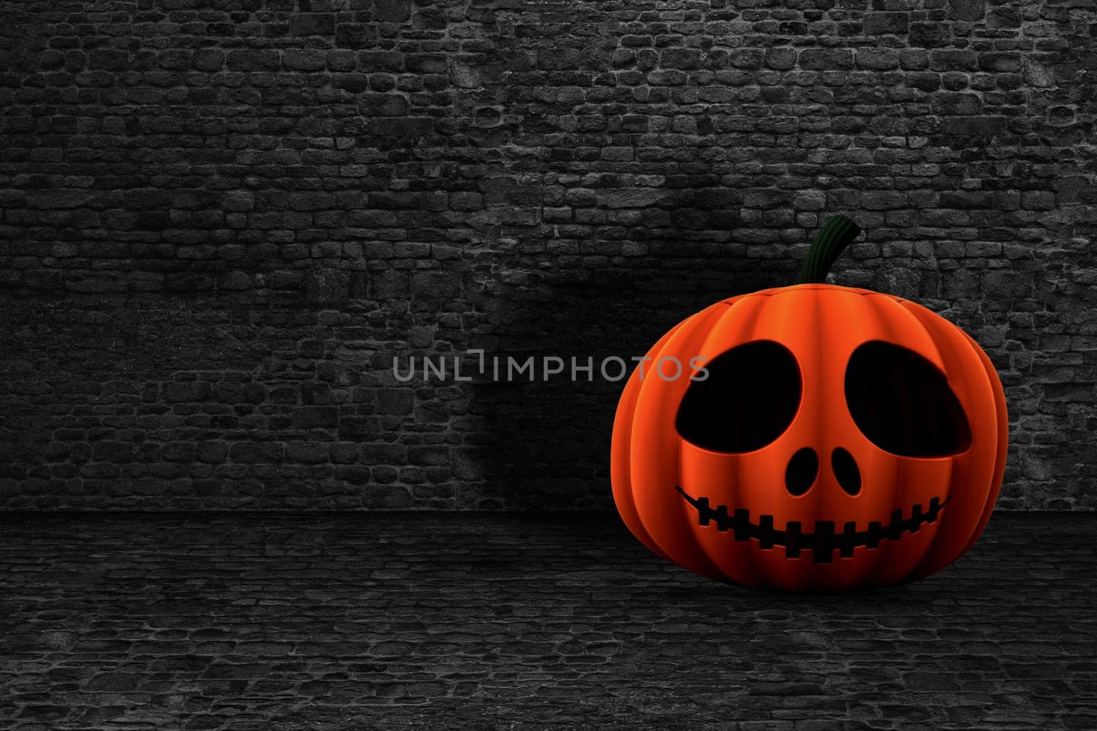 3D render of a Halloween pumpkin in a grunge brick interior