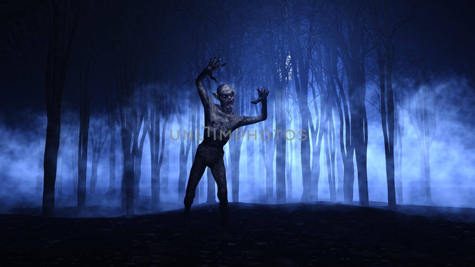 3D render of a Halloween background of a zombie emerging from a foggy forest