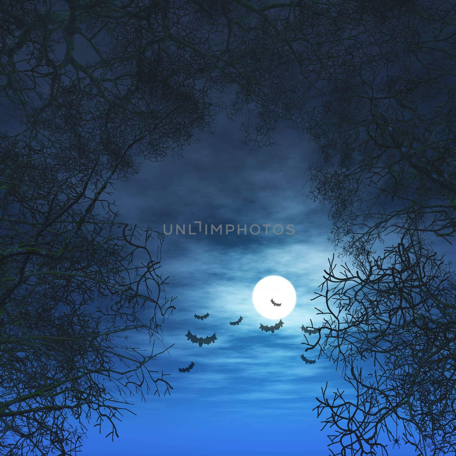 3D render of a Halloween background with trees against moonlit sky