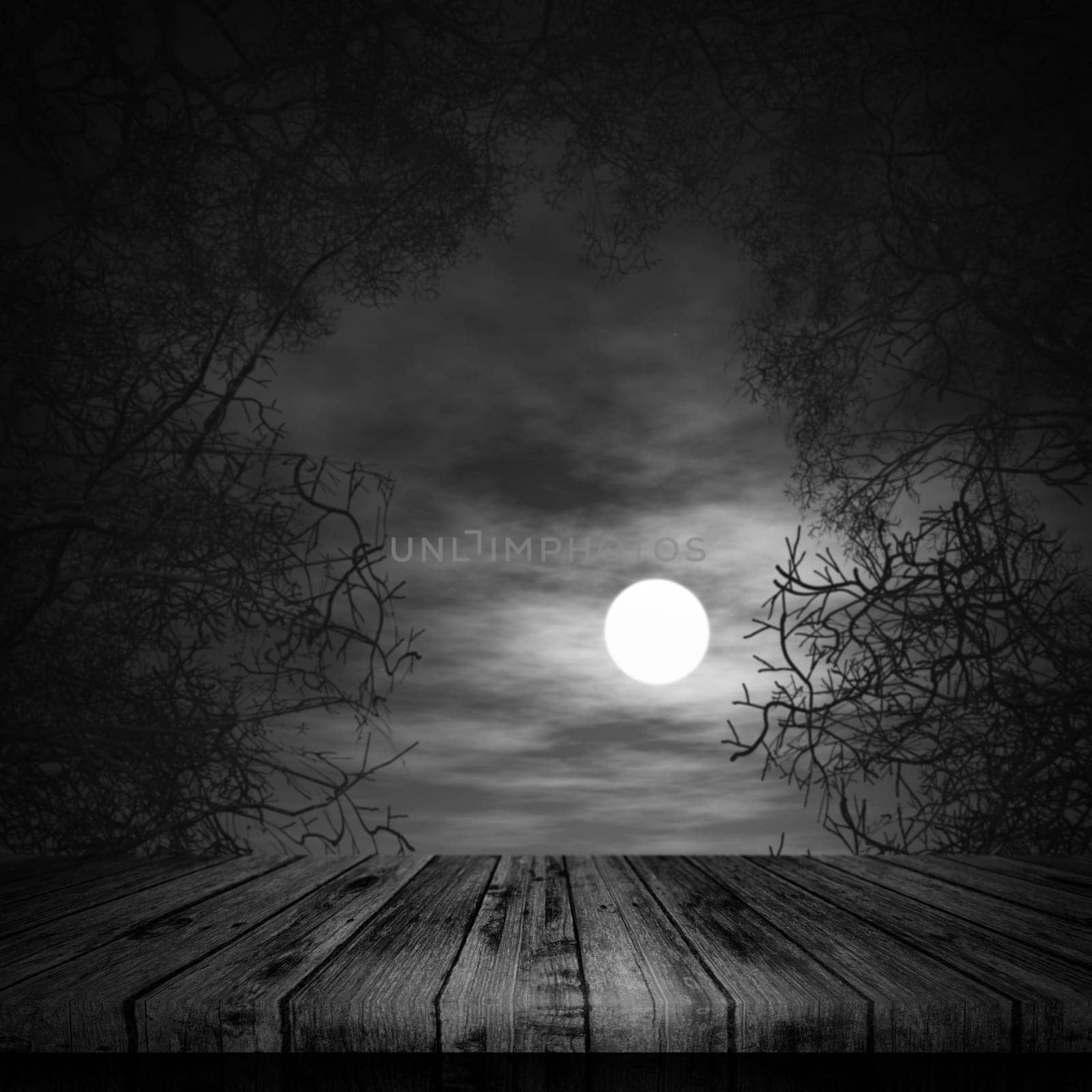 3D render of a Halloween background with wooden table looking out to spooky landscape