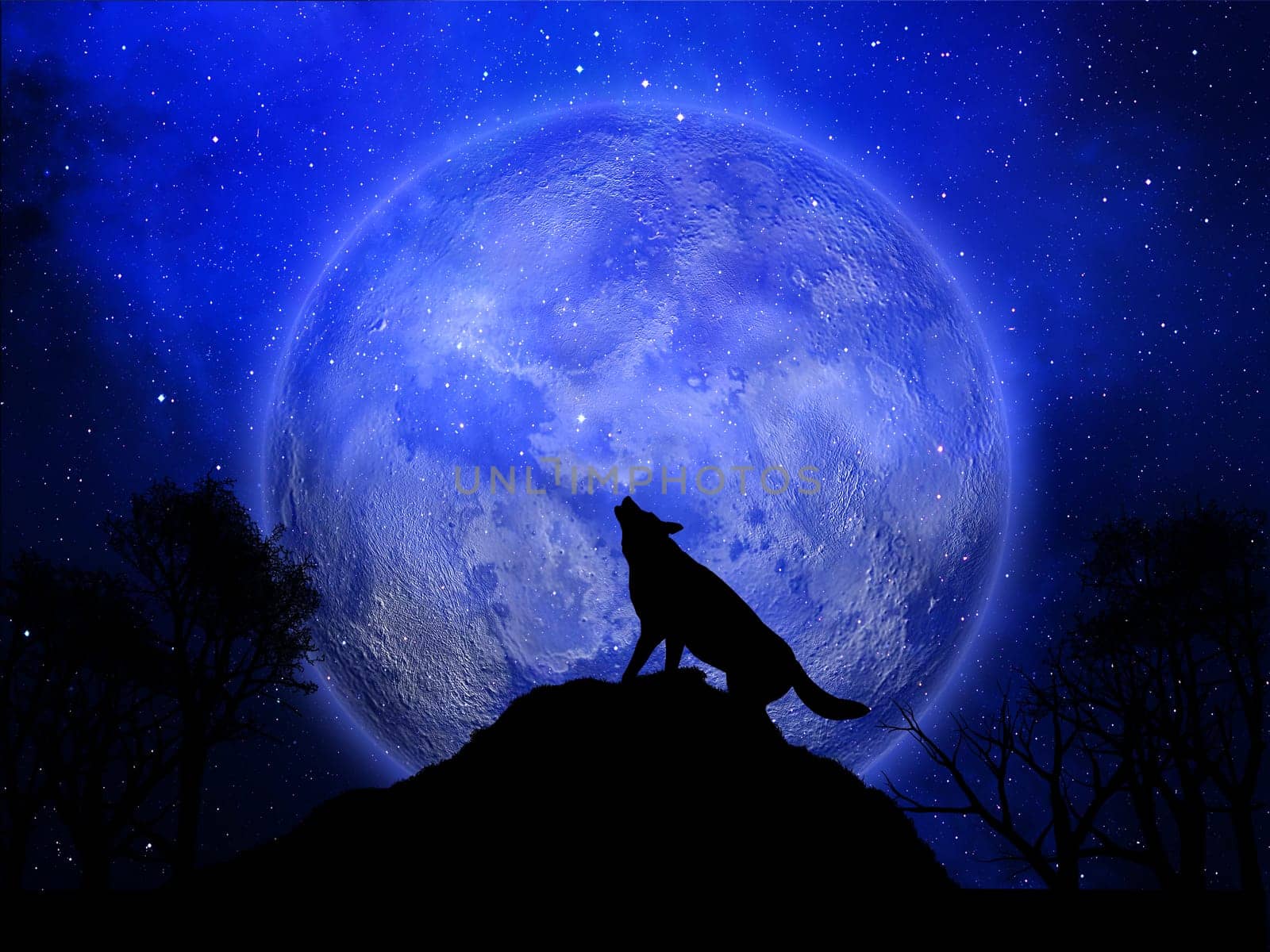 3D render of a Halloween background with wolf howling against the moon