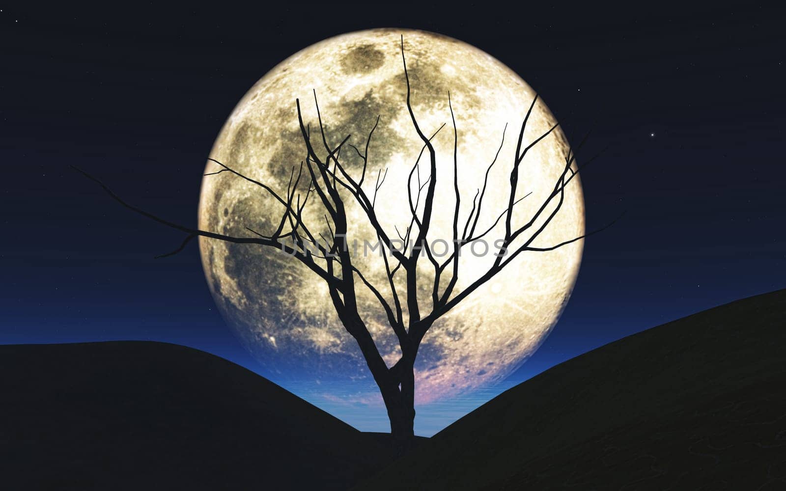 3D render of a Halloween background with tree silhouetted against the moon
