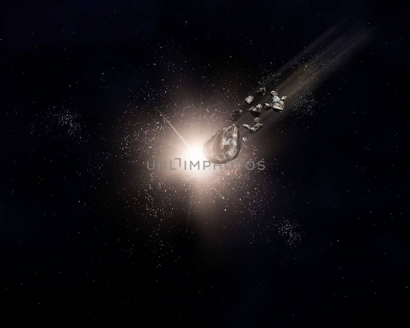 3D render of a background with meteorites flying through a space sky