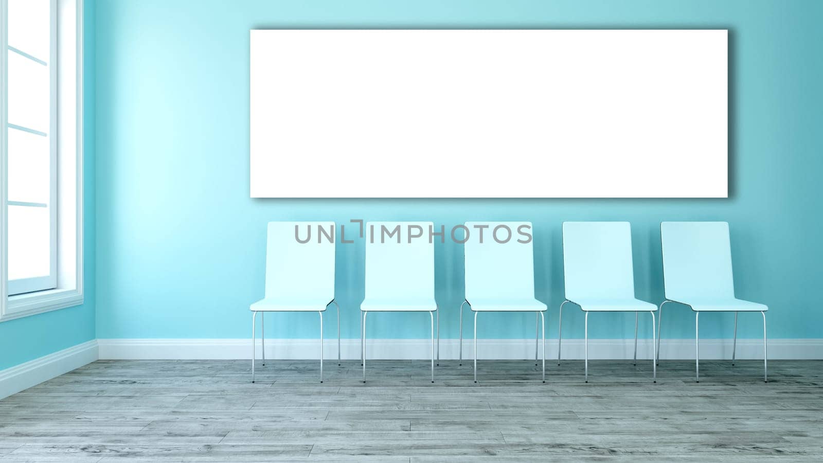 3D render of a blank canvas in a room with line of chairs