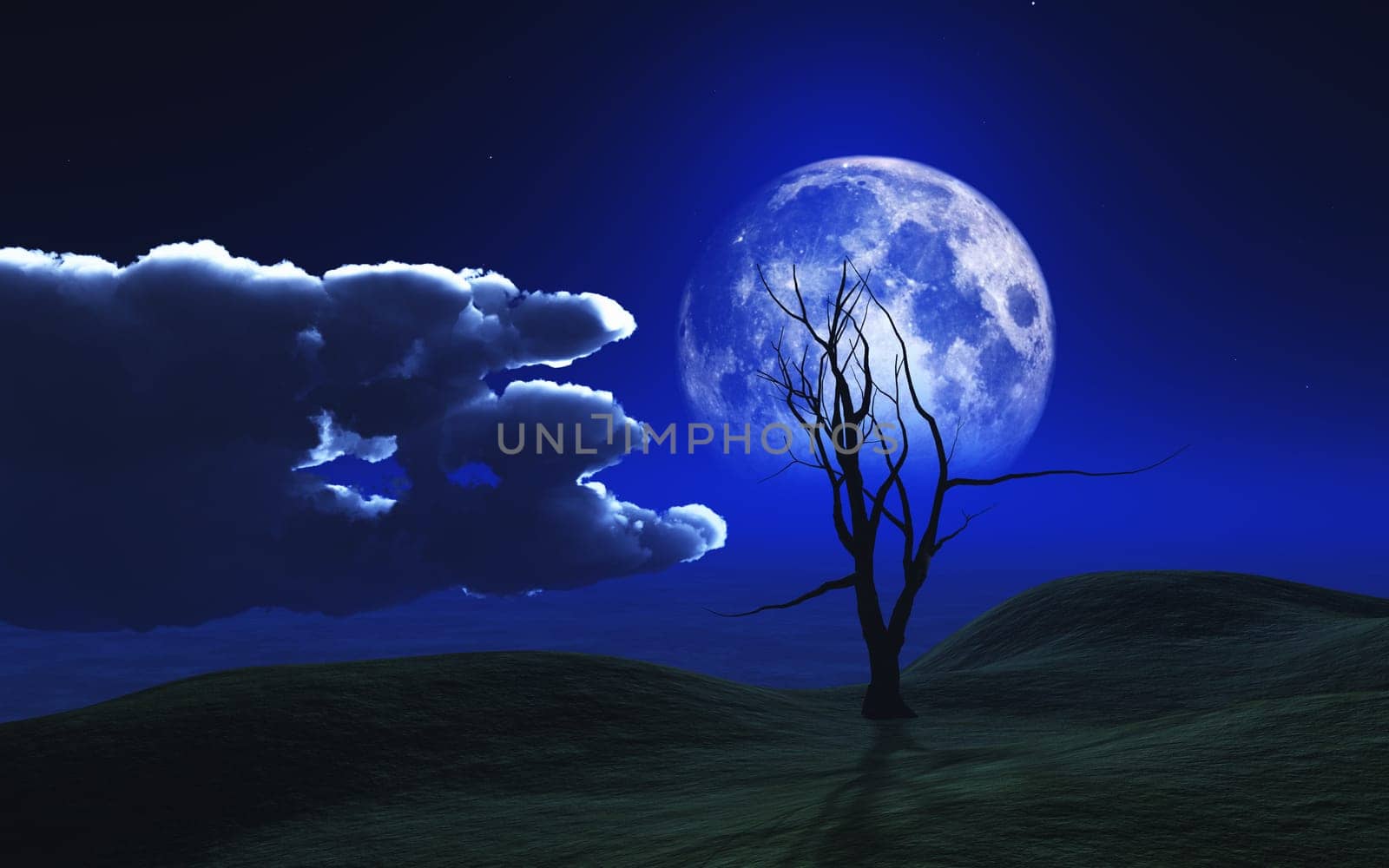 3D render of a Halloween background with spooky tree against a moonlit sky