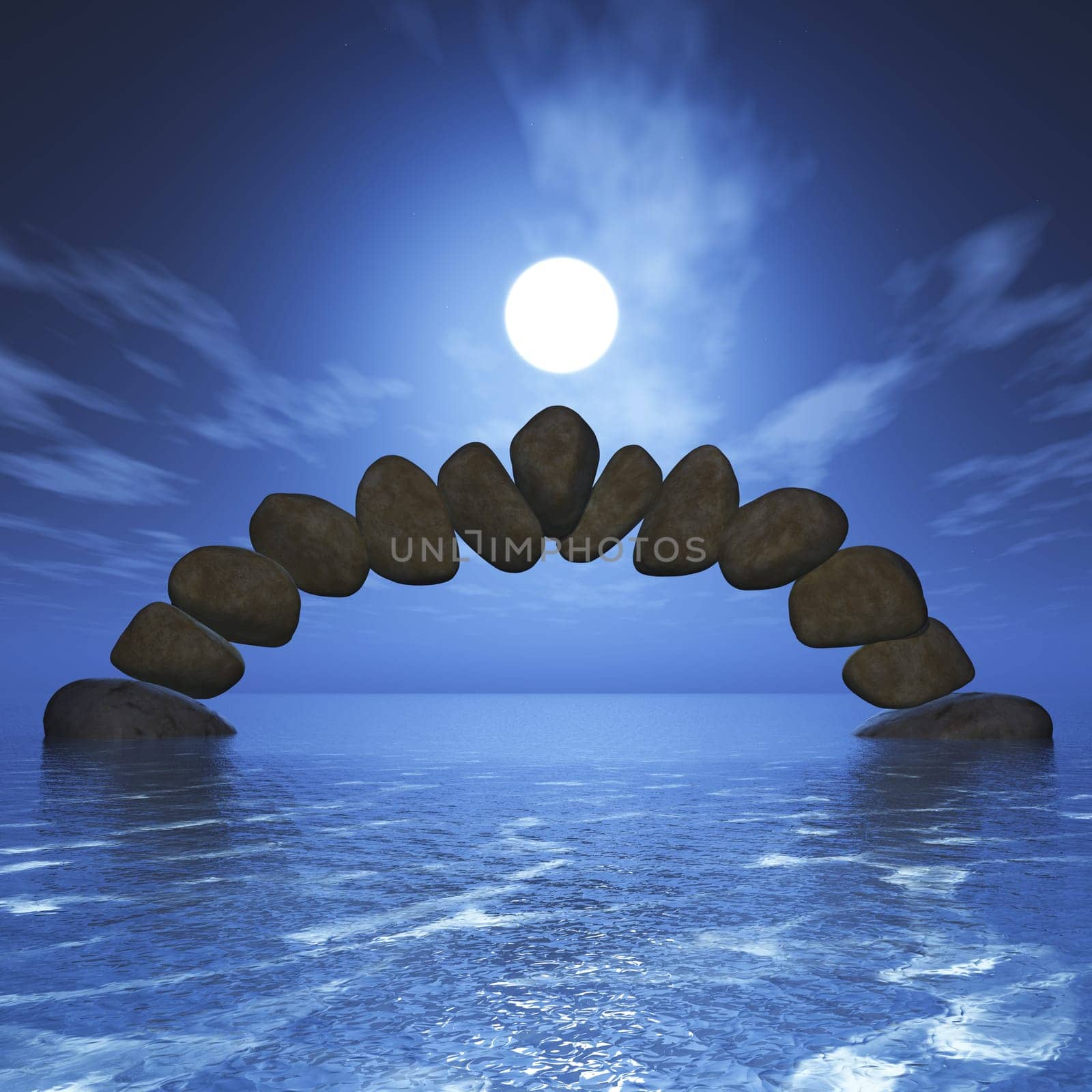3D render of a balancing rock formation in the ocean against a sunset sky