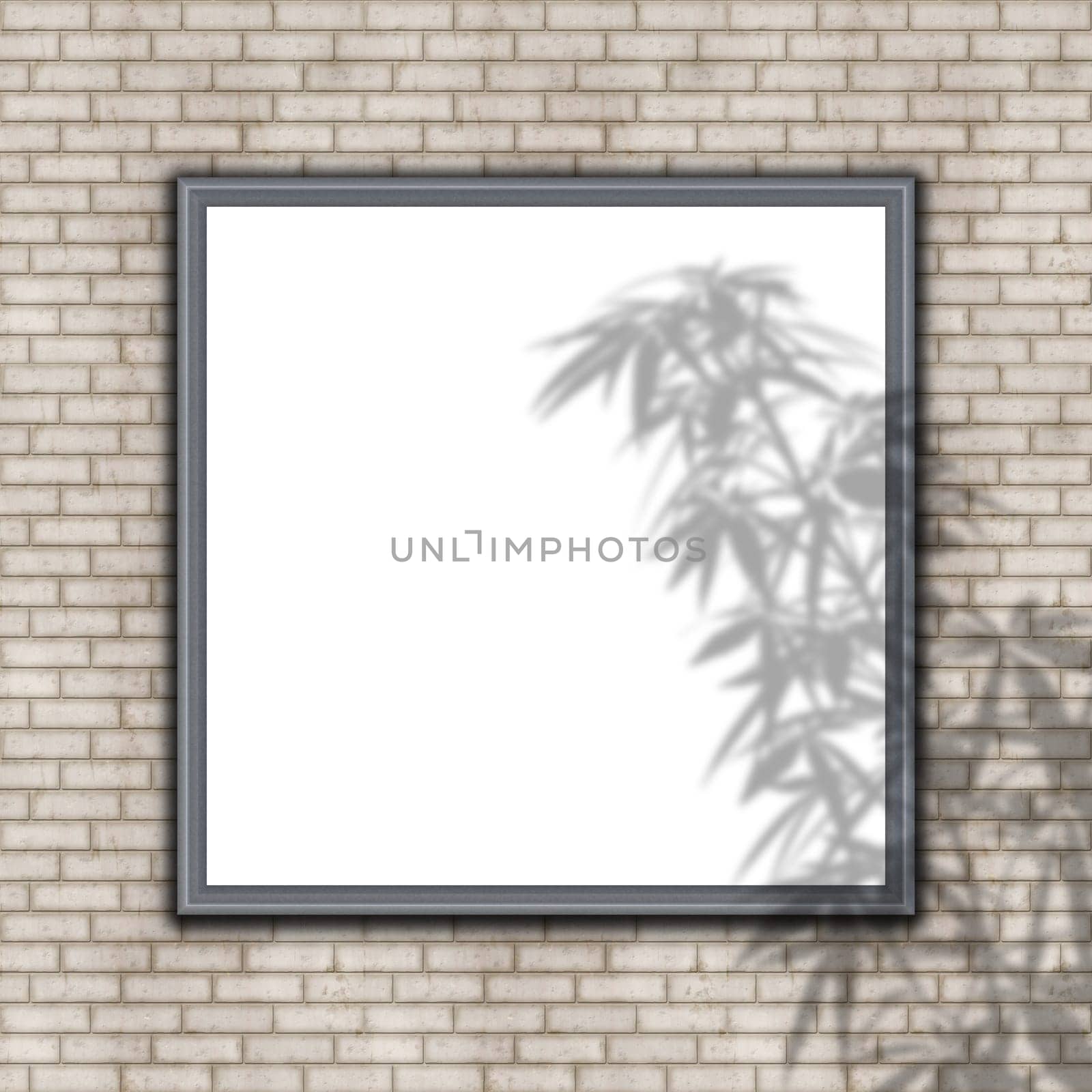 3D render of a blank picture frame on brick wall with plant shadow overlay