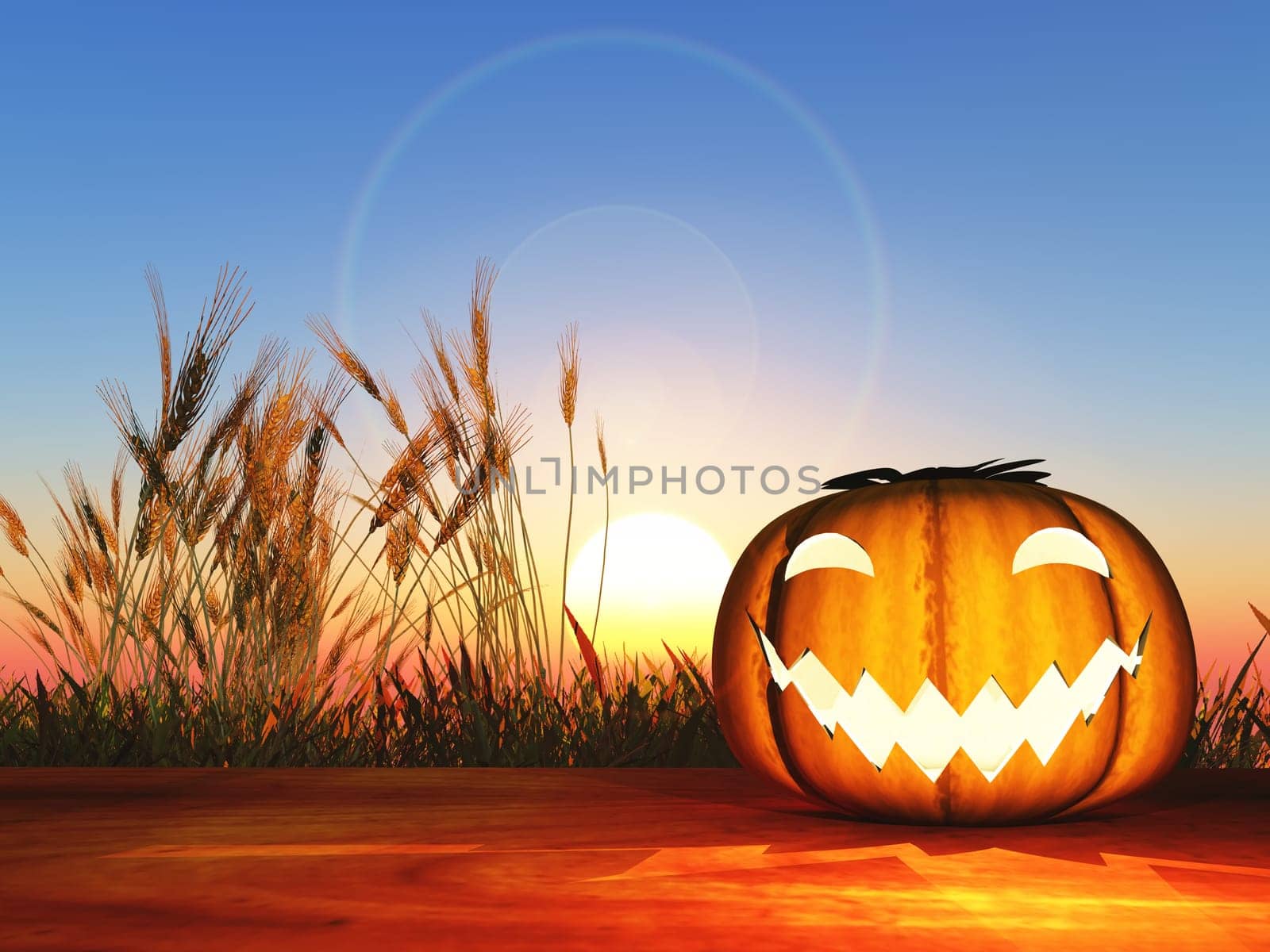 3D render of a Halloween pumpkin on a wooden table against a sunset sky