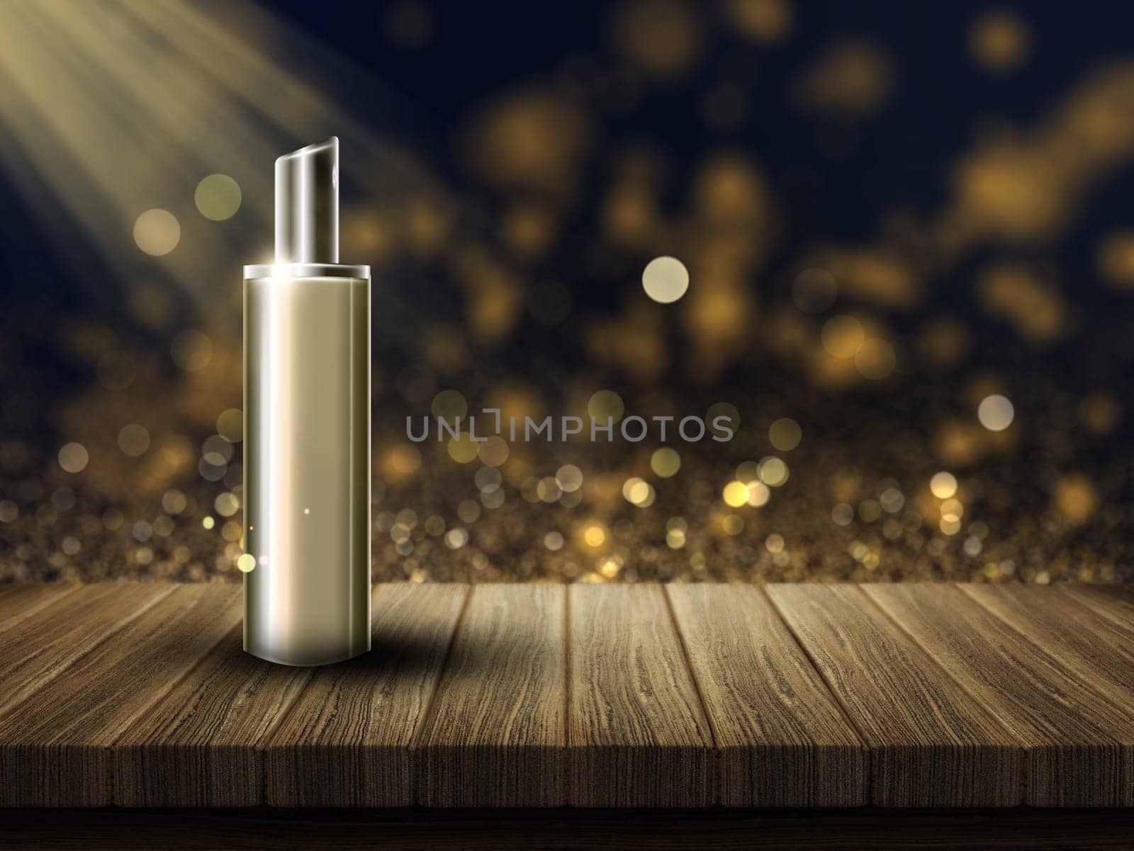 3D render of a blank cosmetic bottle on a wooden table against a bokeh lights background