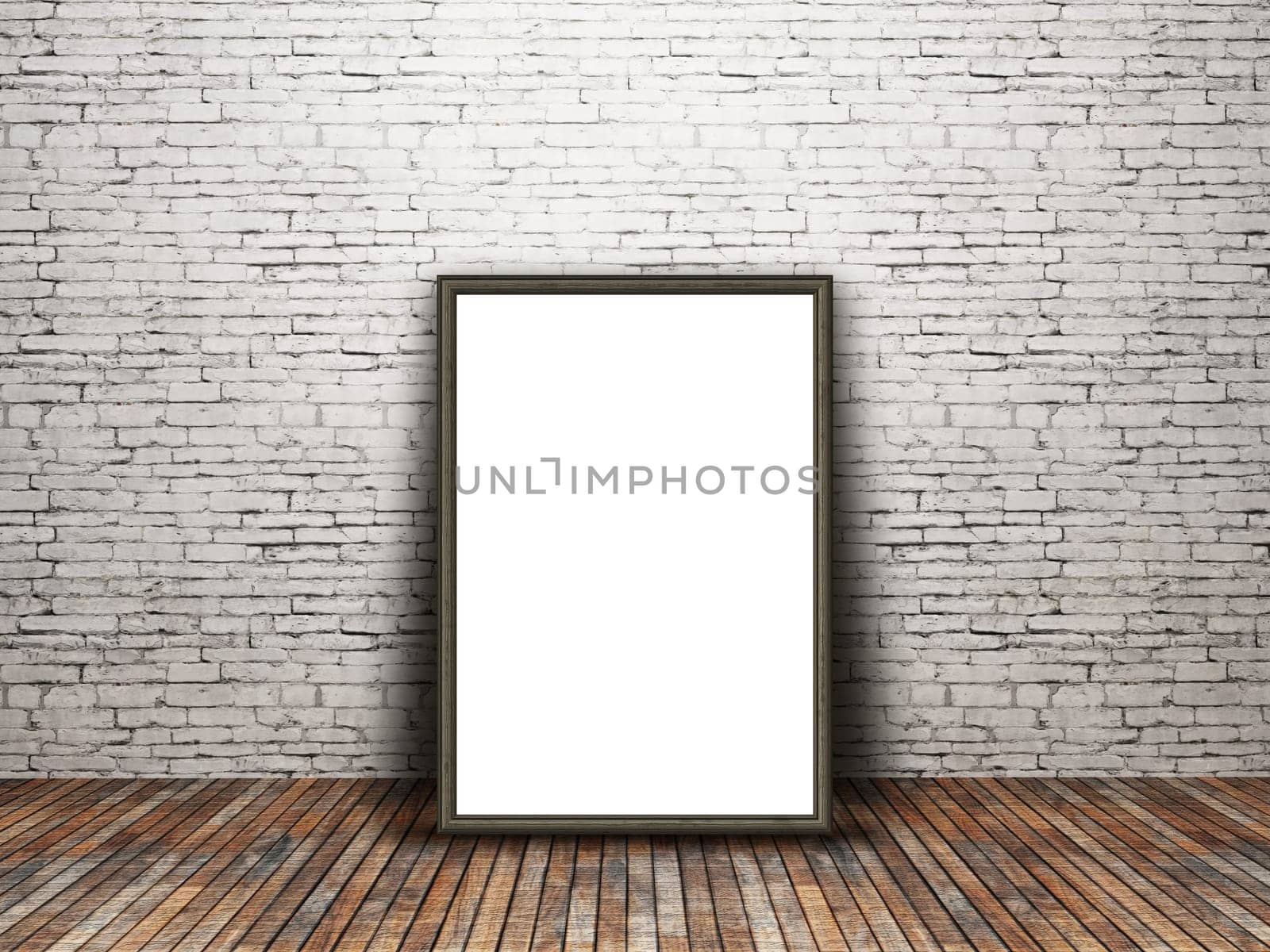 3D render of a blank picture frame leaning against an old brick wall