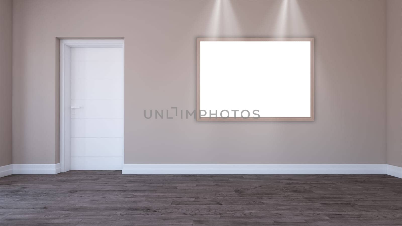 3D render of a blank picture frame in an empty room