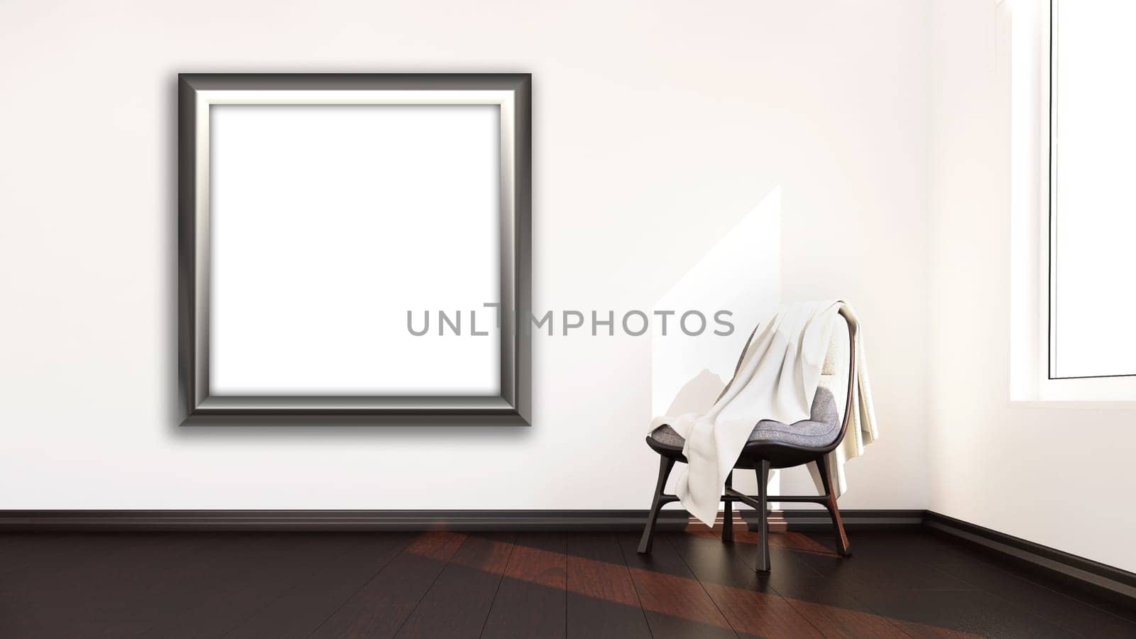 3D render of a blank picture frame hanging on a wall of a modern room interior