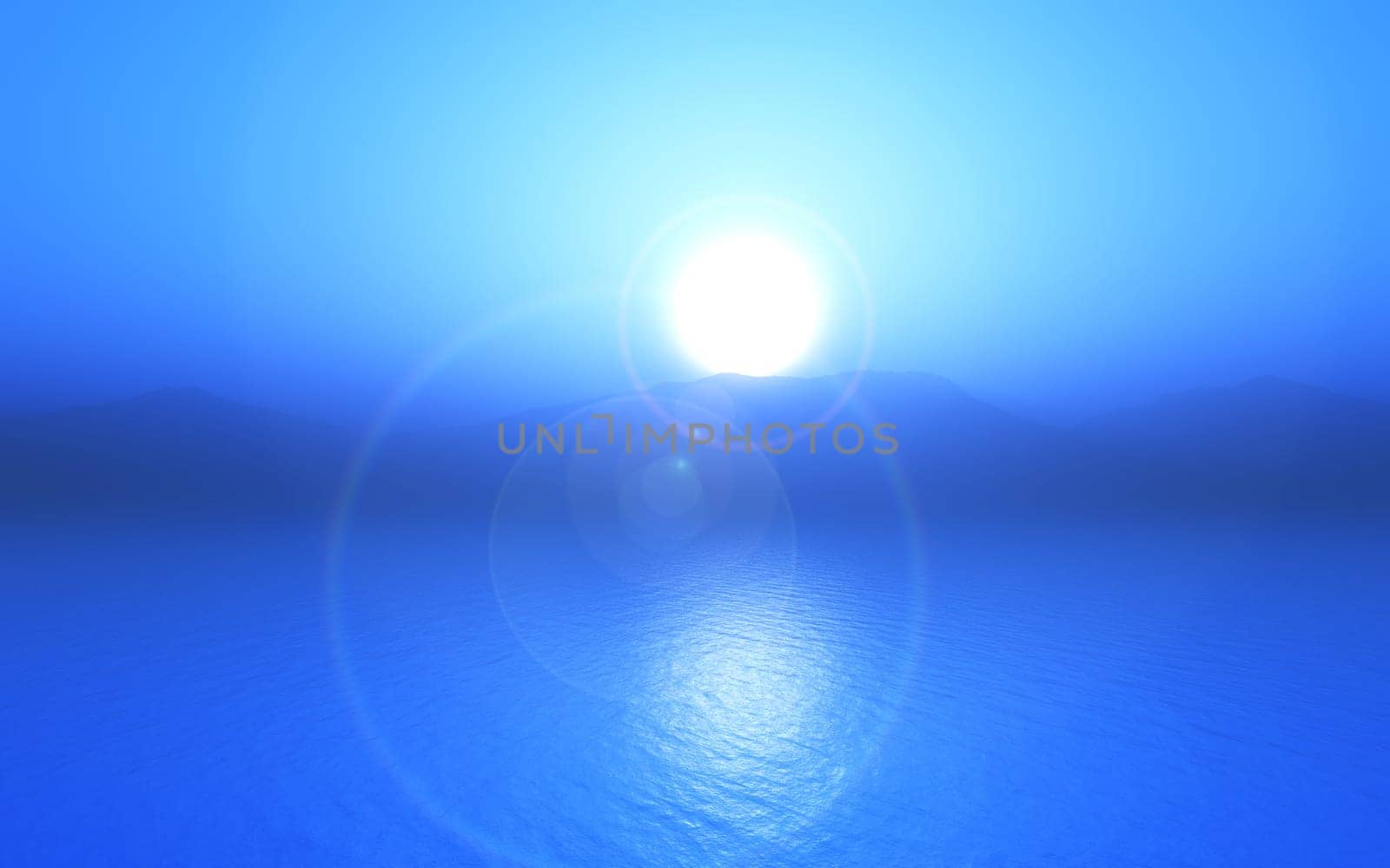 3D render of a blue sunset ocean landscape