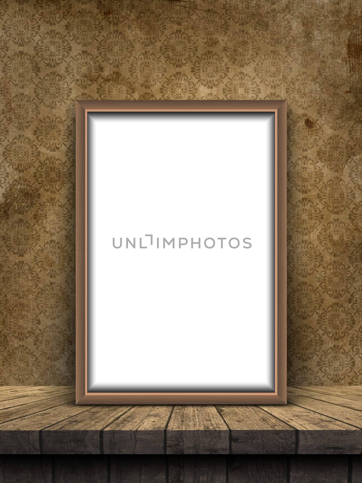 3D render of a blank picture frame on a wooden table against a grunge damask style wallpaper