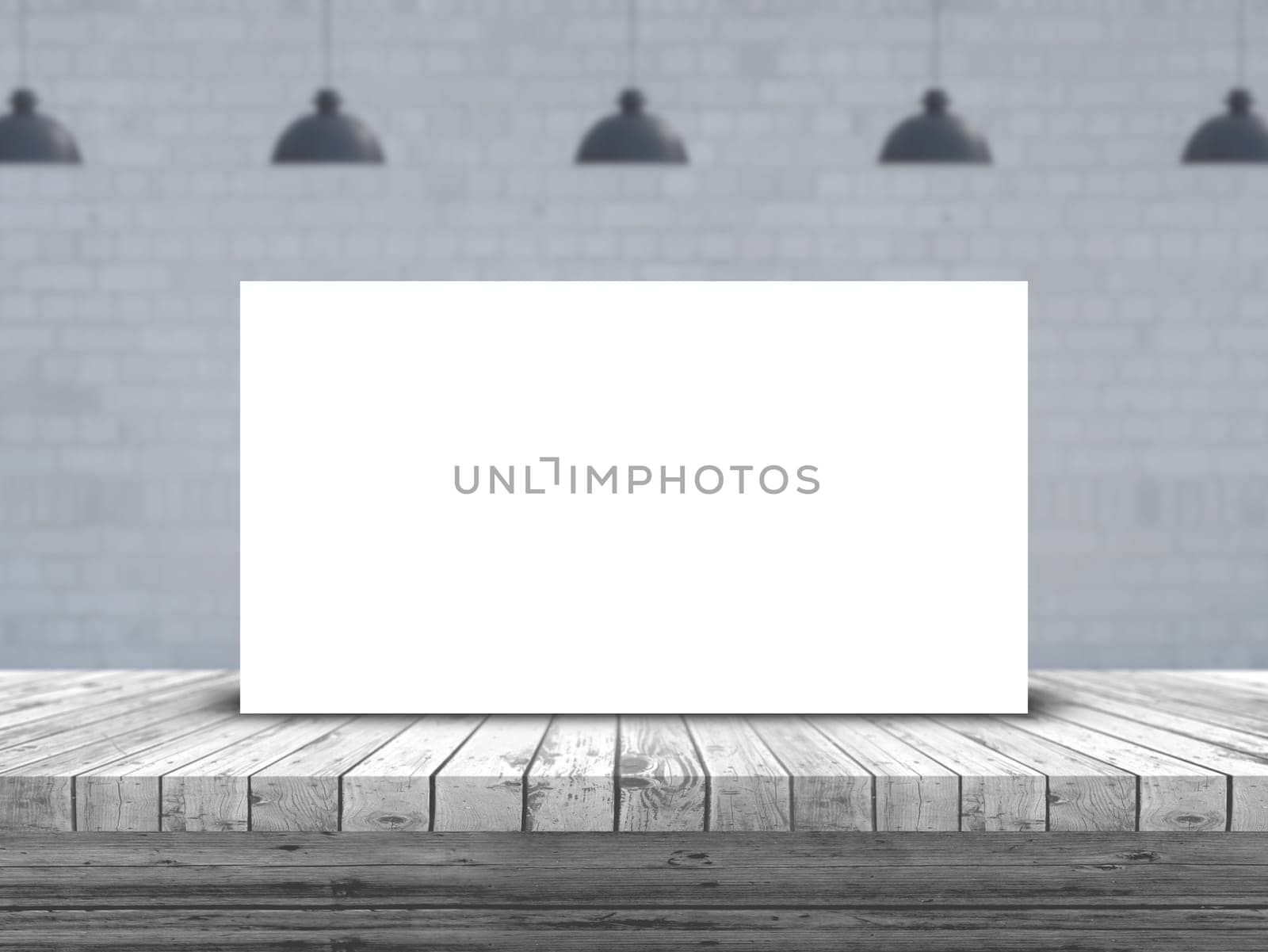 3D render of a blank picture on a wooden table with defocussed empty room image