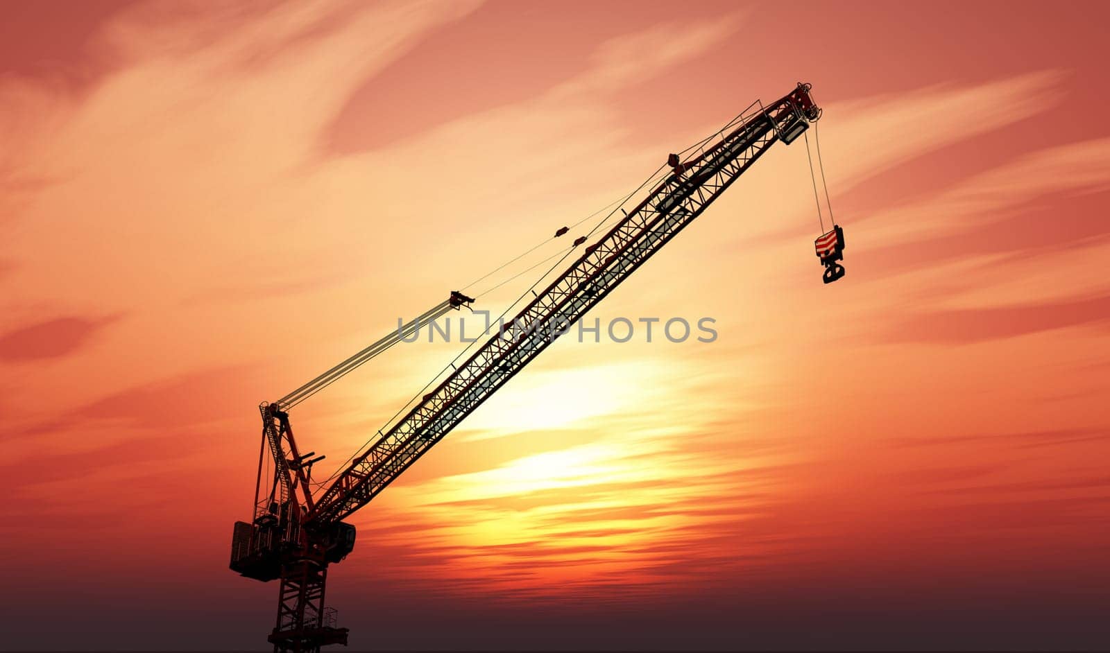 3D render of a crane against a sunset sky
