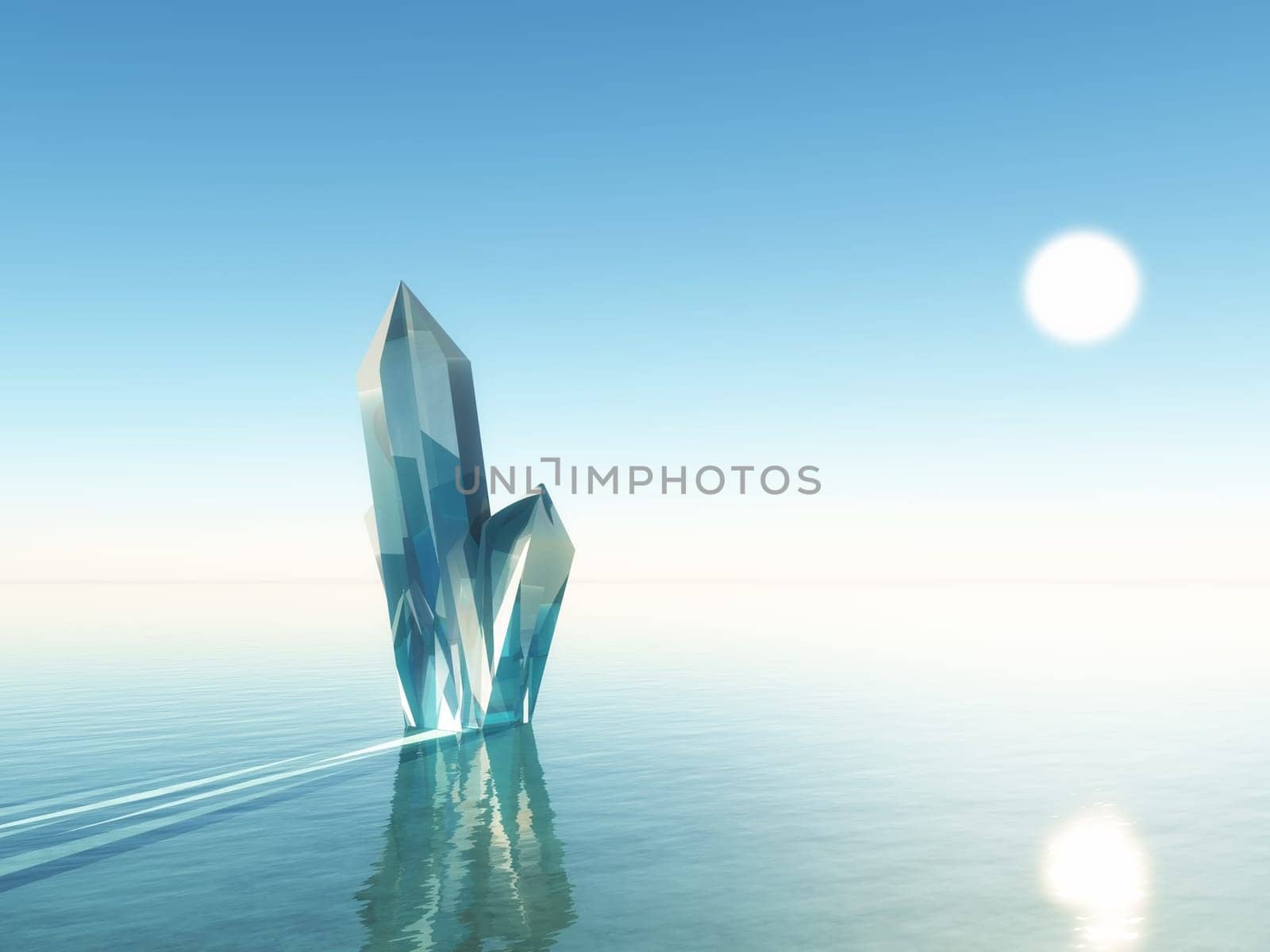 3D render of a crystal rock formation in blue ocean