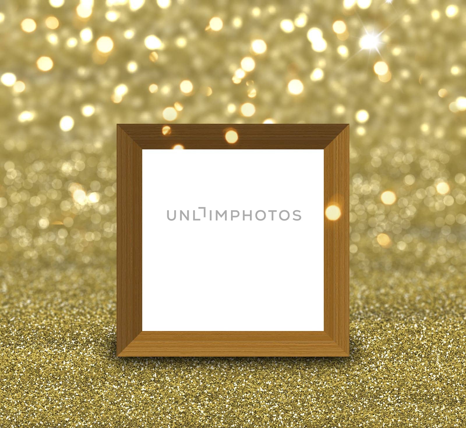 3D render of a blank picture frame on a gold glitter background