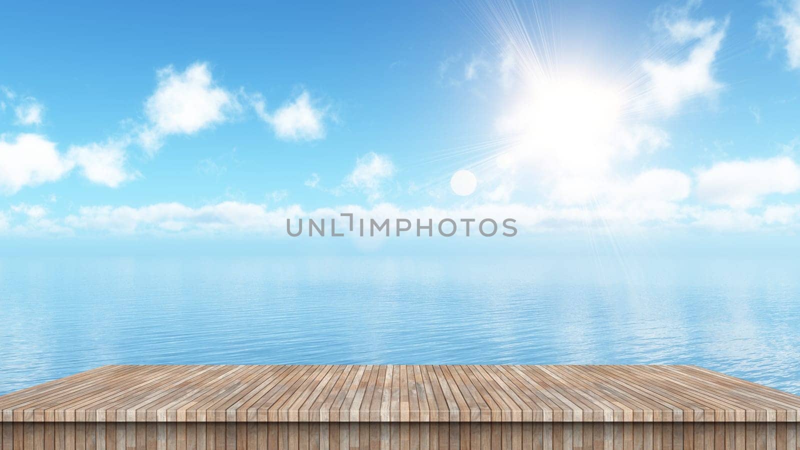 3D render of a blue ocean landscape with wooden table