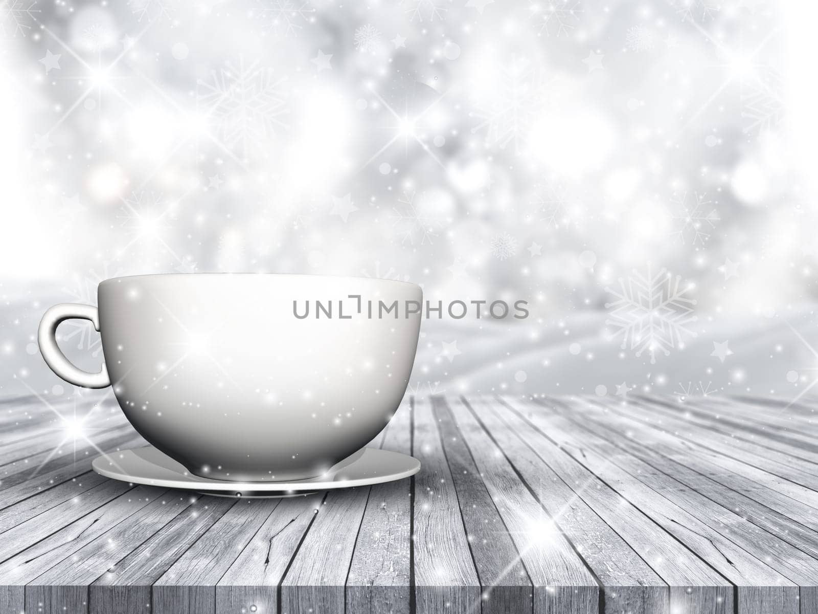 3D render of a cup and saucer on wooden table against Christmas snowflake background