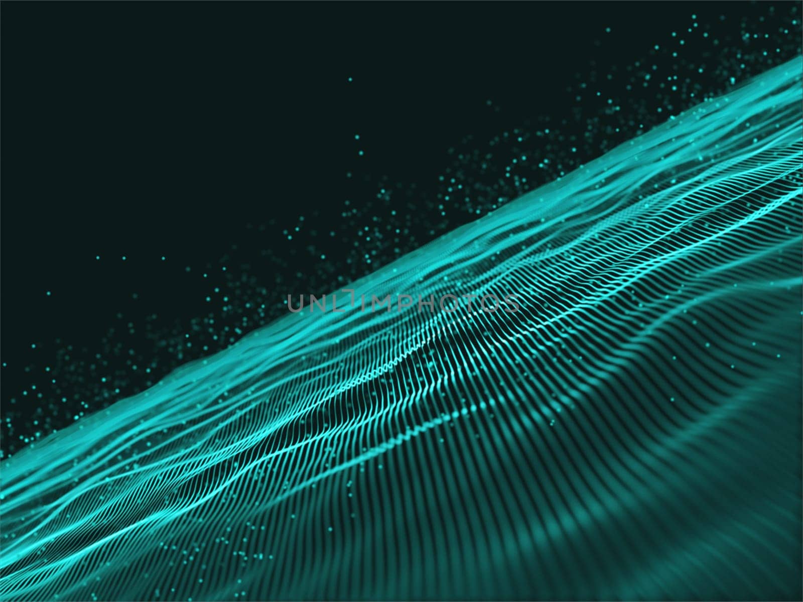 3D render of a cybernet techno background with flowing lines and floating particles