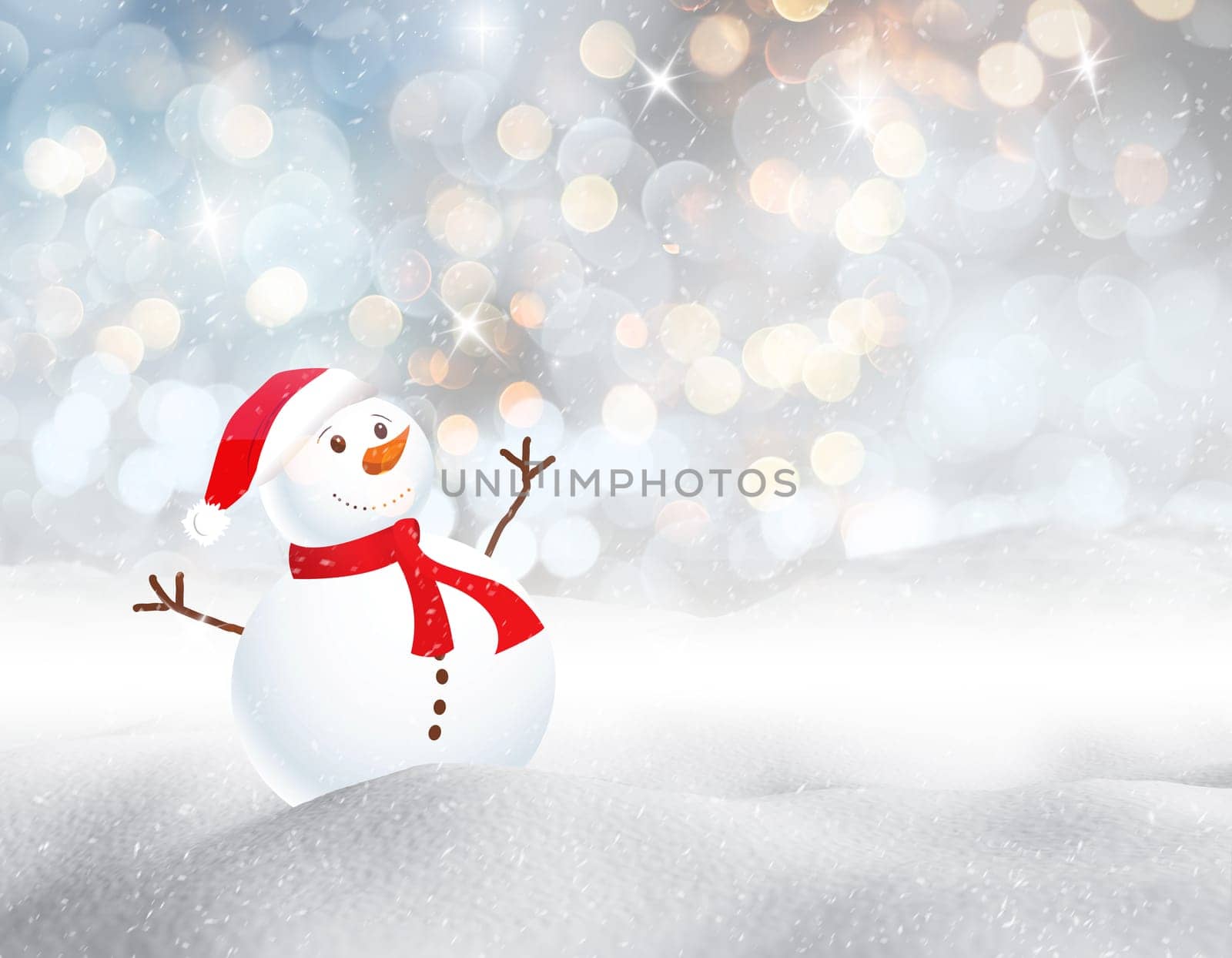 3D render of a cute snowman in a snowy landscape against a bokeh lights background