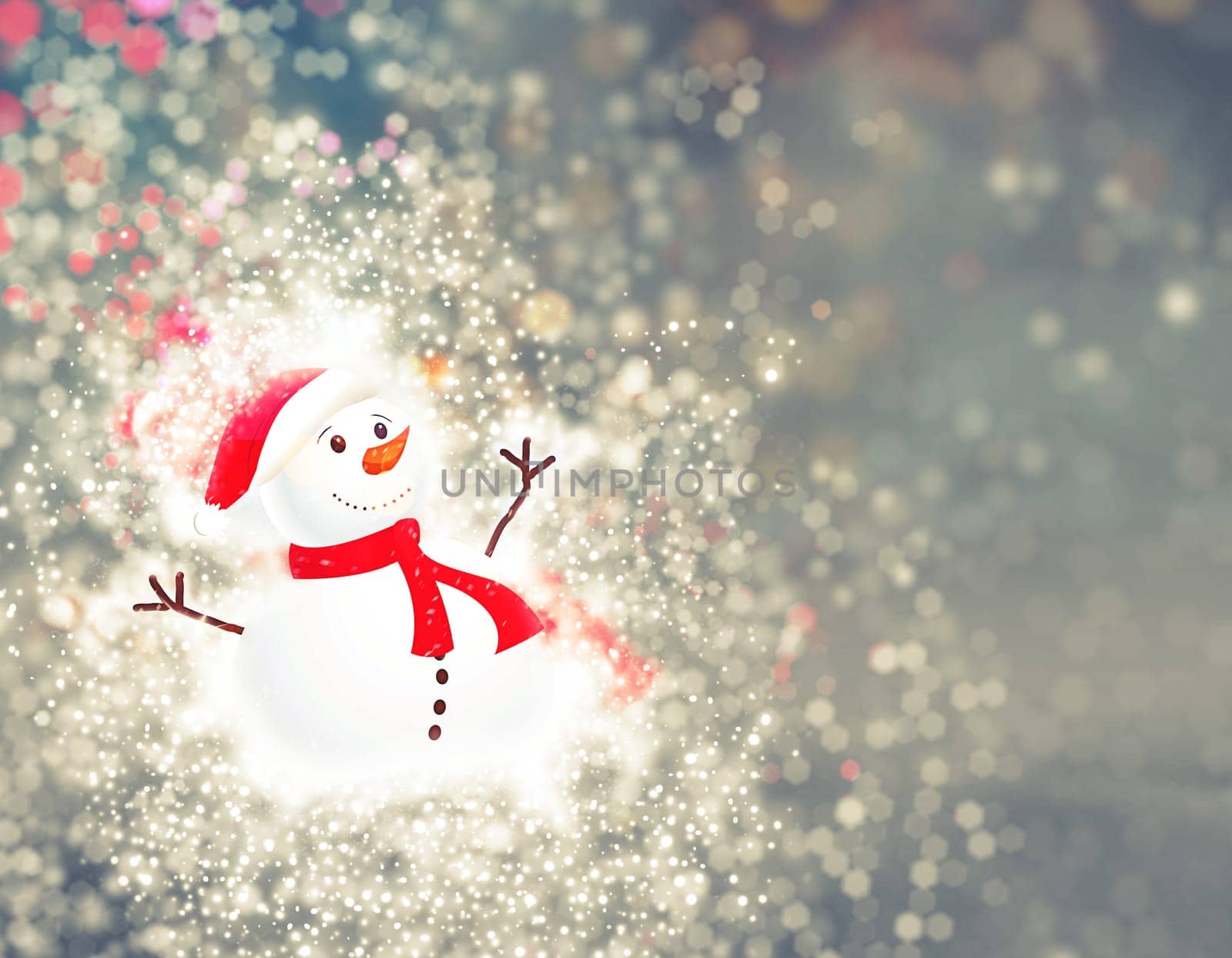 3D render of a cute snowman Christmas background with sparkle lights effect
