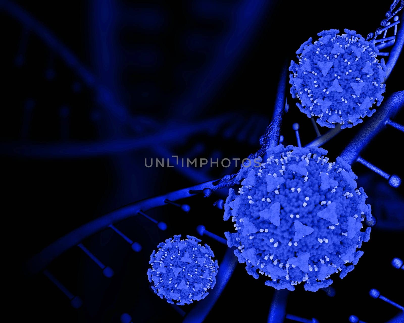 3D render of a dark medical background with DNA strands and Covid 19 cells