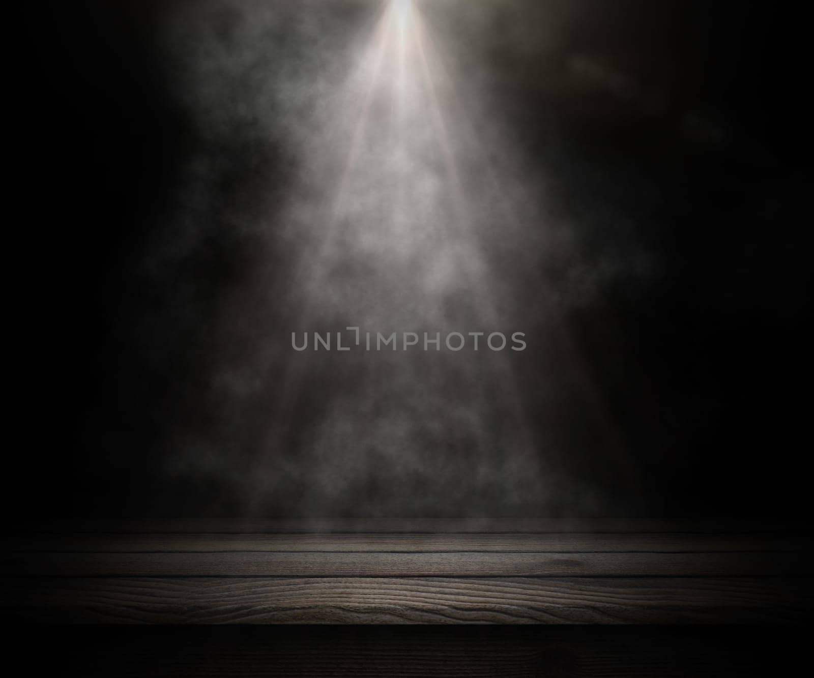 3D render of a dark wooden table looking out to a smoky room