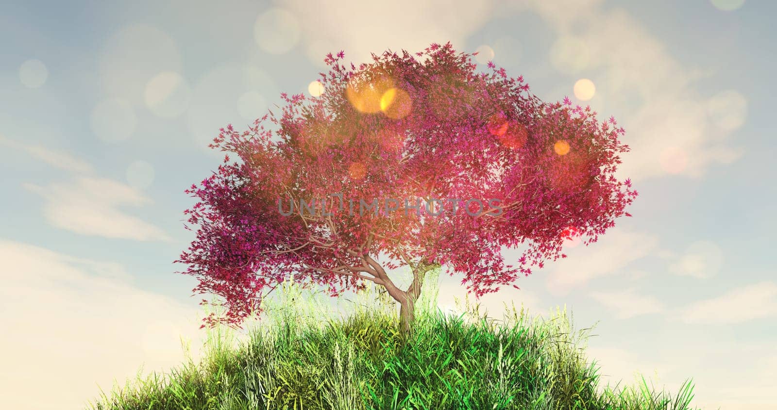 3D render of a cherry tree on a grassy globe