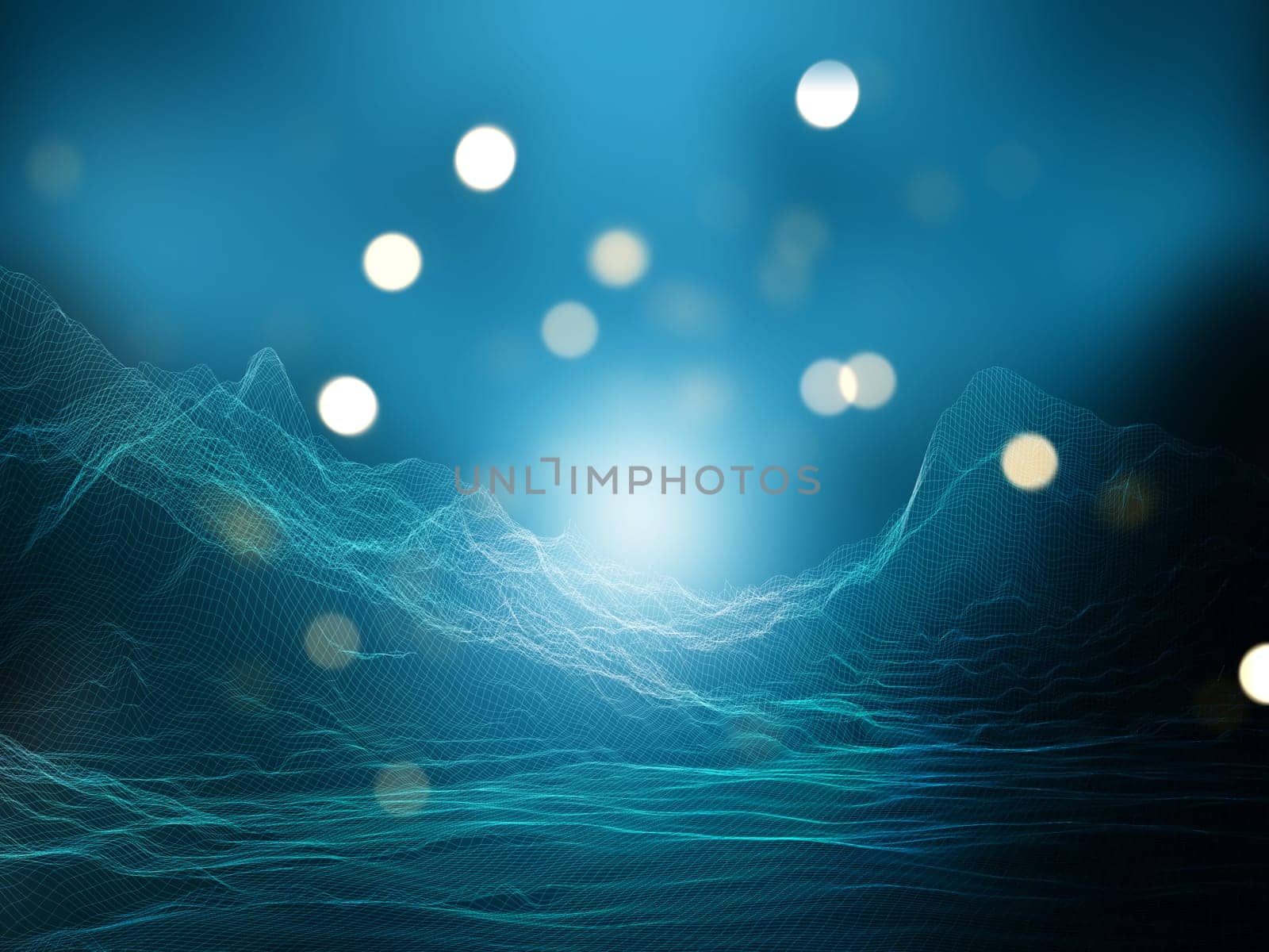 3D render of a digital landscape with wireframe design