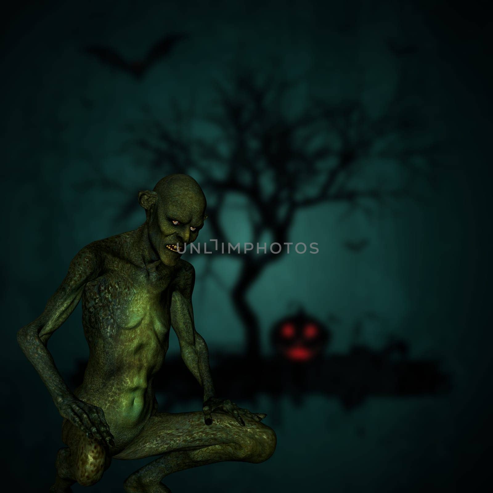 3D render of a demon on a defocussed Halloween background