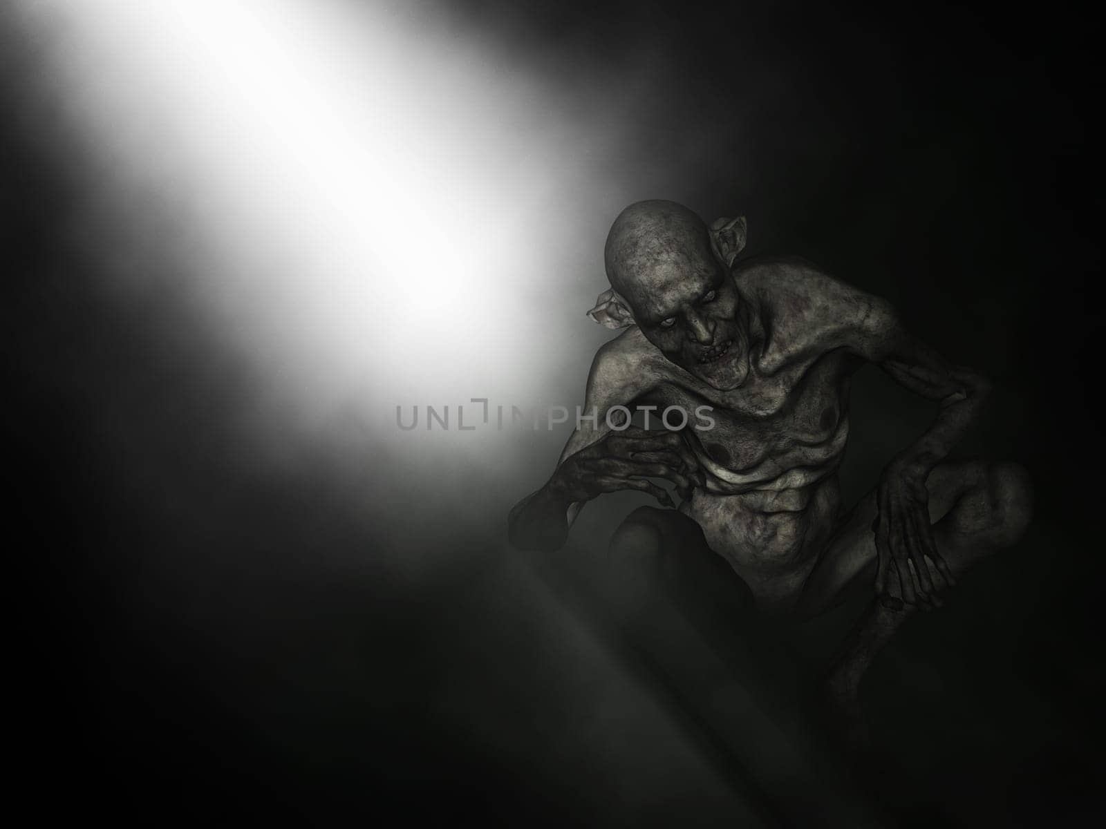 3D render of a demon in crouched position with spotlight shining down