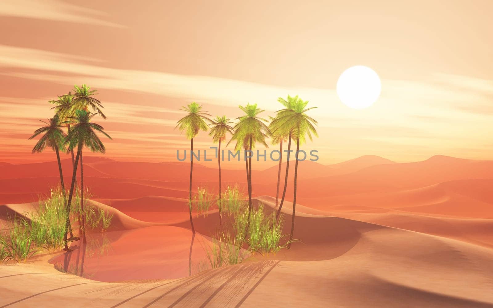 3D render of a desert scene with palm tree oasis
