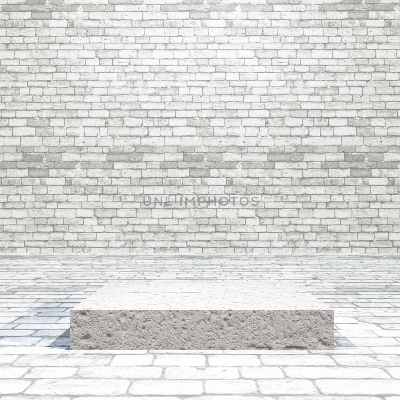 3D render of a brick room with empty podium