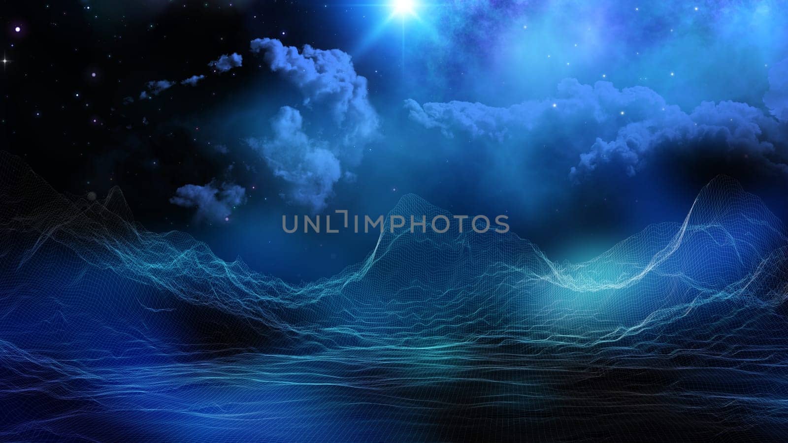 3D render of a digital landscape on fictional space sky background