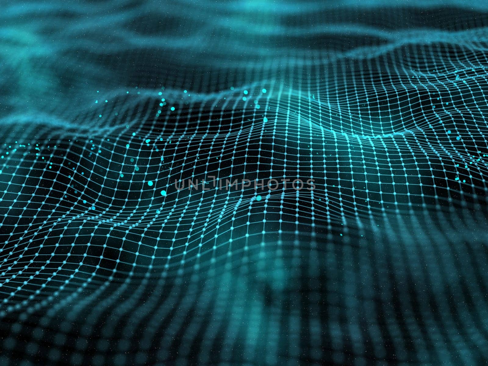 3D render of a digital landscape with connecting lines and dots