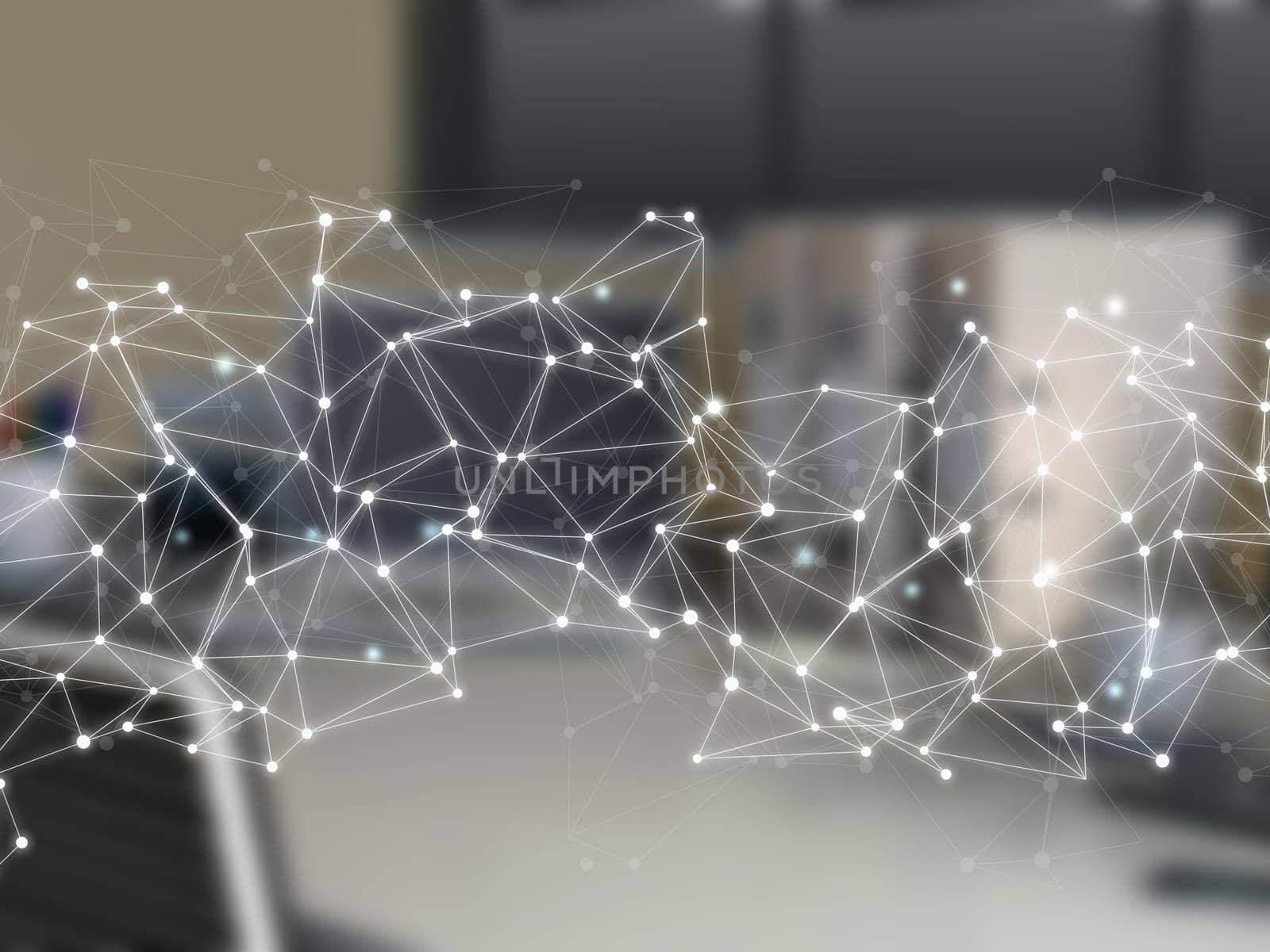 3D render of a defocussed office interior with abstract low poly design