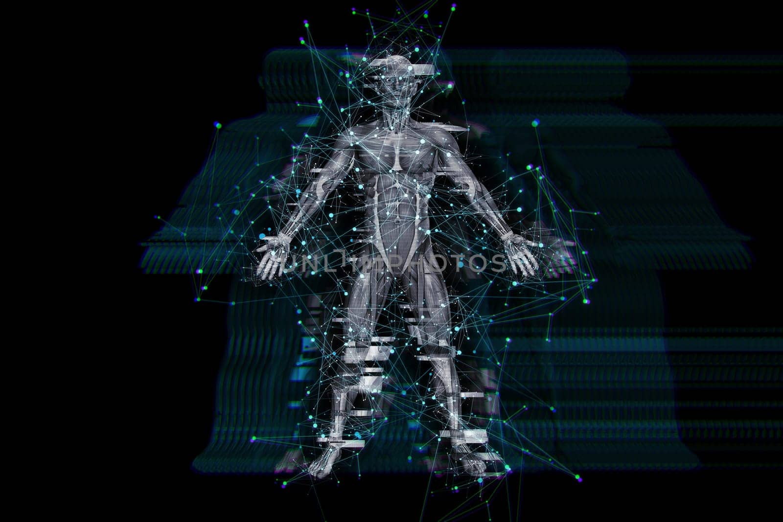 3D render of a digital technology background with glitch effect on male medical figure