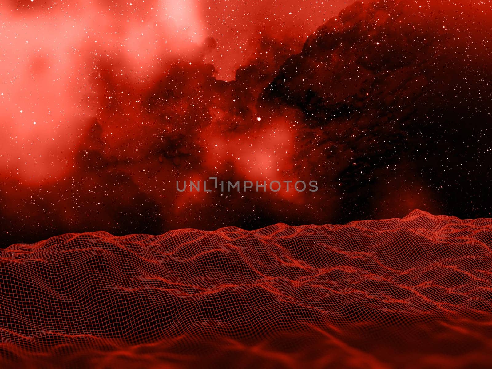 3D render of a digital landscape against a space sky