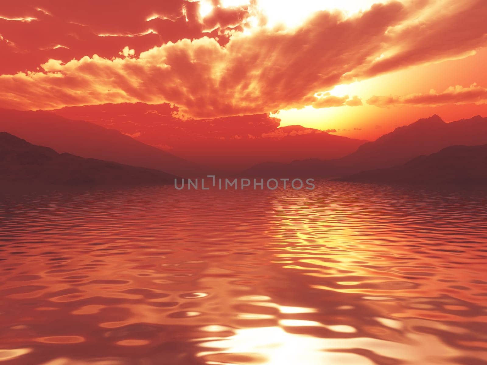 3D render of a dramatic sunset ocean landscape