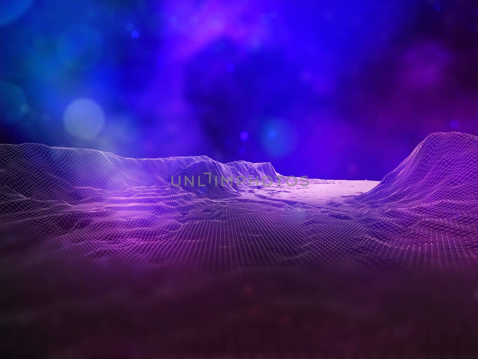 3D render of a digital landscape with connecting lines and dots. Network connections, global communications