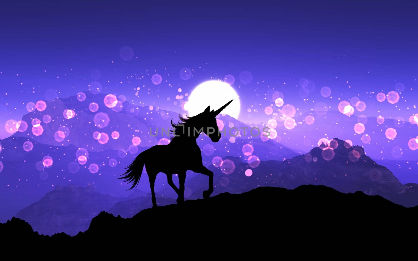 3D render of a fantasy unicorn on a mountain landscape with purple sunset sky