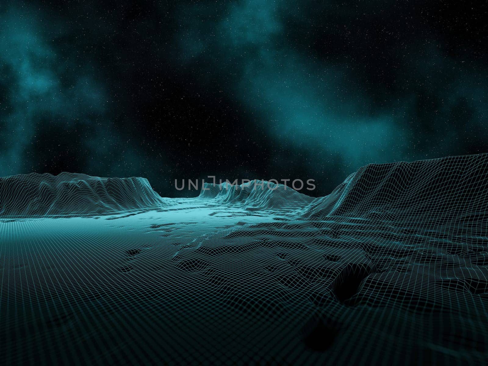 3D render of a digital landscape with space sky and nebula