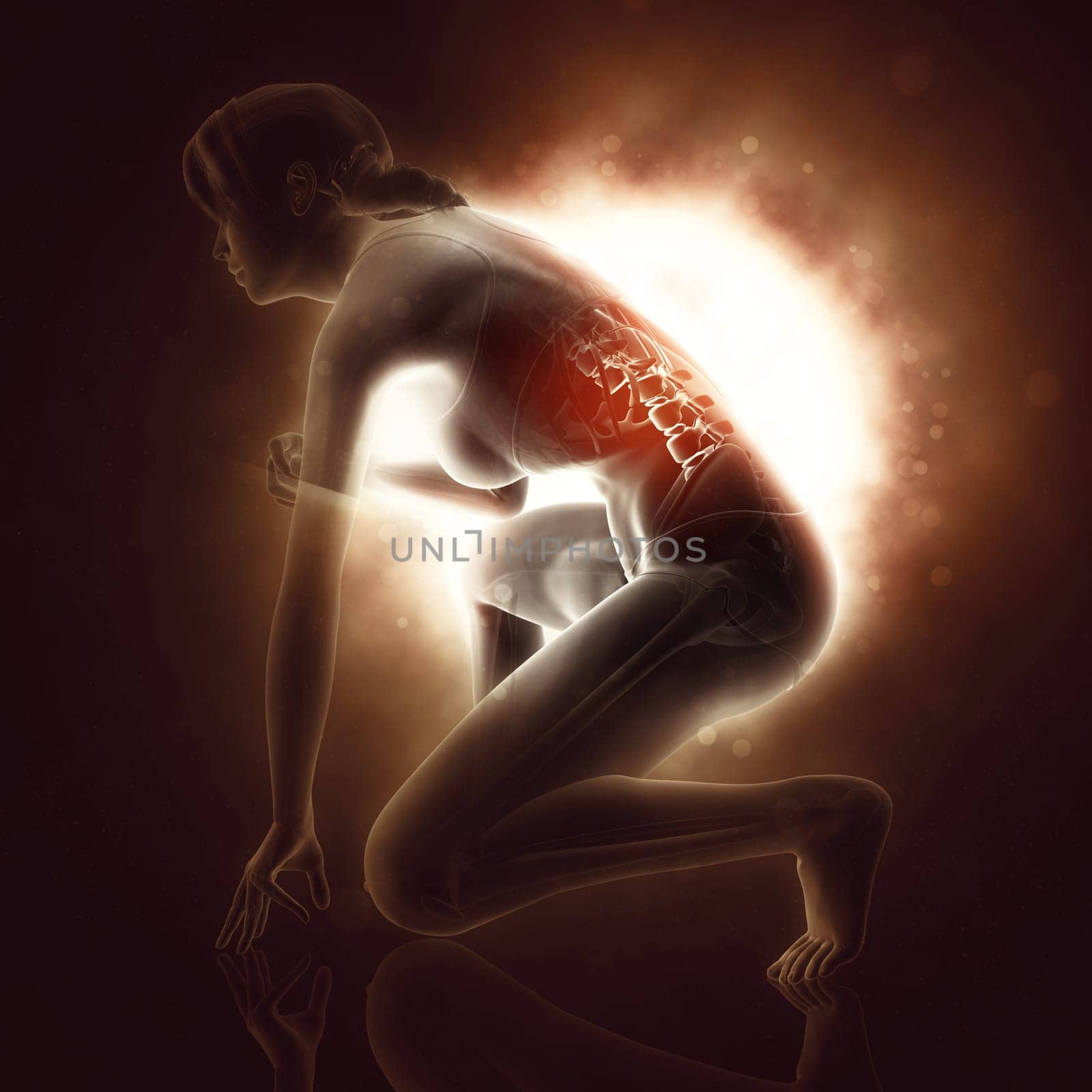 3D render of a female figure crouching with spine highlighted with light rays