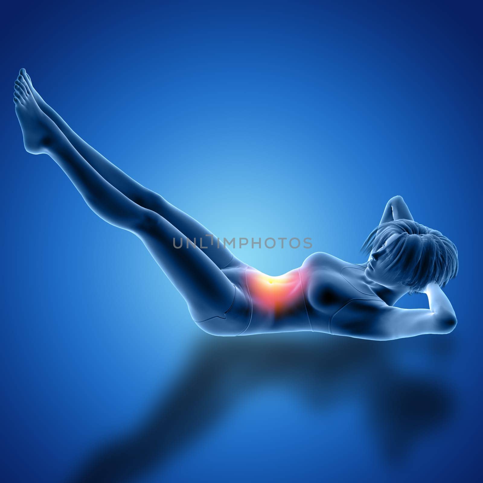 3D render of a female figure in laid down leg raise pose with muscles used highlighted